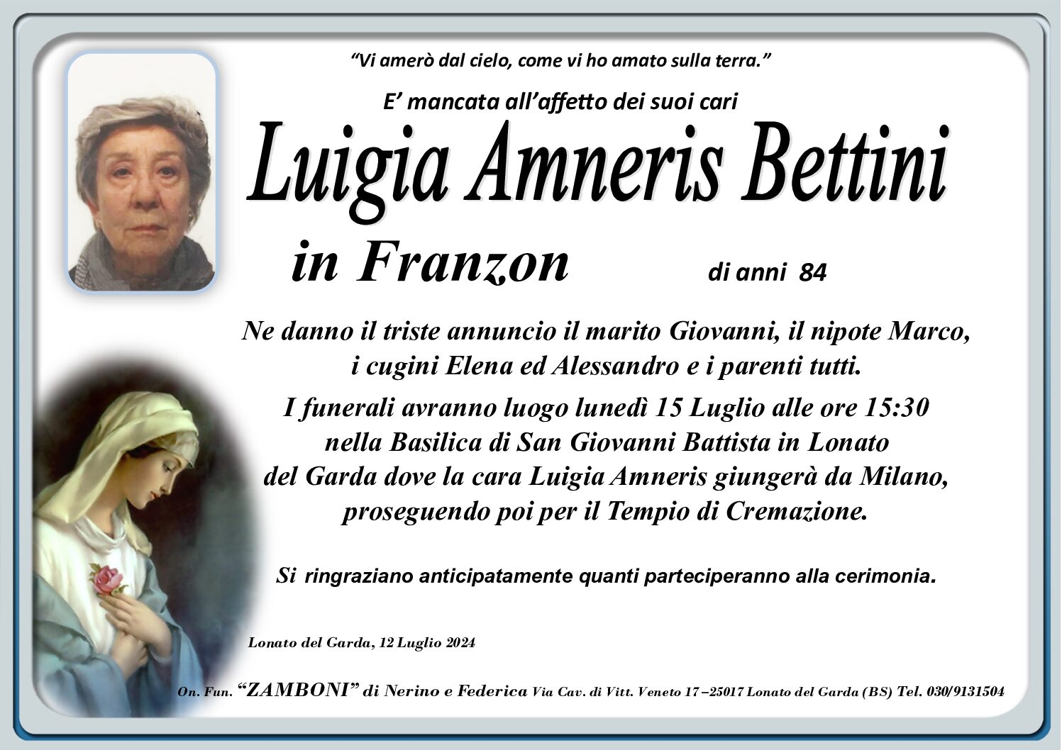 Necrologio LUIGIA AMNERIS BETTINI
